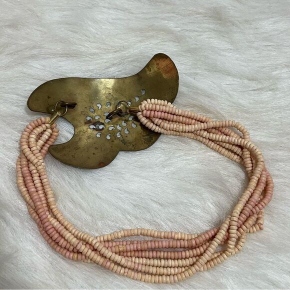 Vintage Artisan Coral Shell/Aged Brass Centerpiece Necklace -- OS - Picture 6 of 11